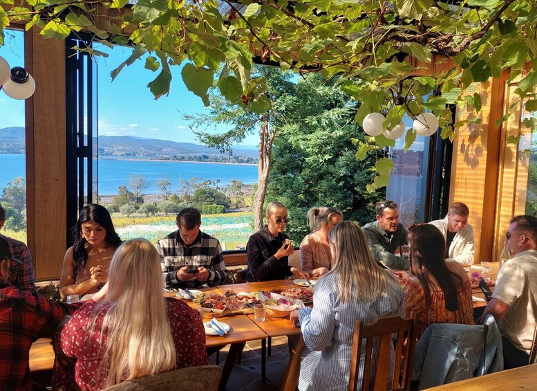 Un grupo de personas cenando al aire libre con vistas panorámicas al agua y colinas al fondo. 1