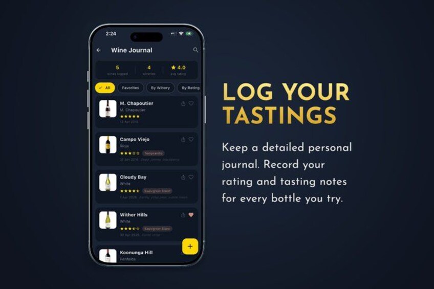 A smartphone displaying a wine journal app with a dark theme, featuring wine ratings and tasting notes. 5