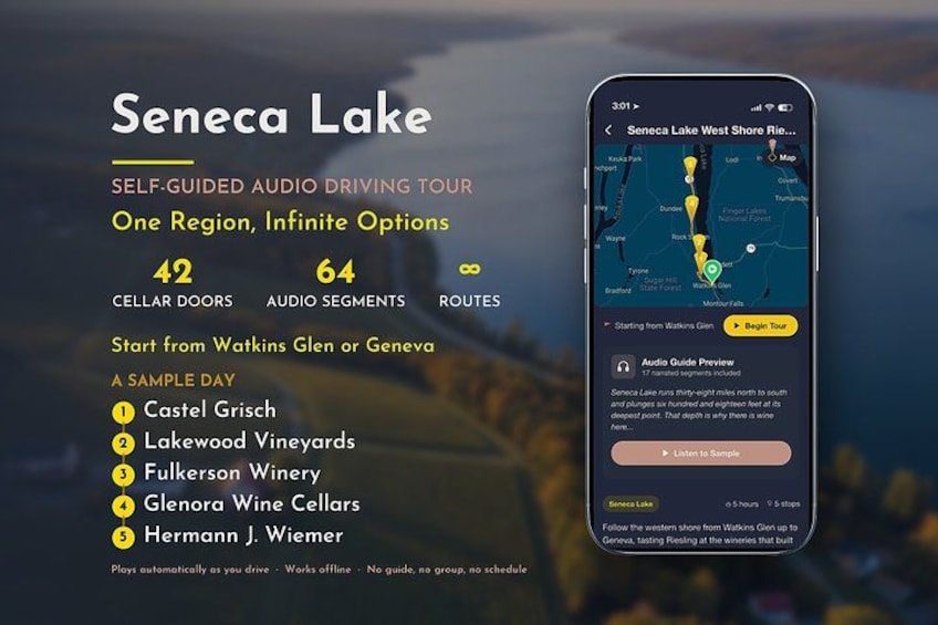 A smartphone displaying a self-guided audio driving tour app for Seneca Lake with options for 42 cellar doors, 64 audio segments, and 8 routes. 1