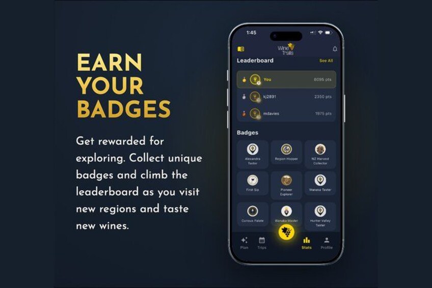 A smartphone displaying a wine exploration app with a leaderboard and badges. 4