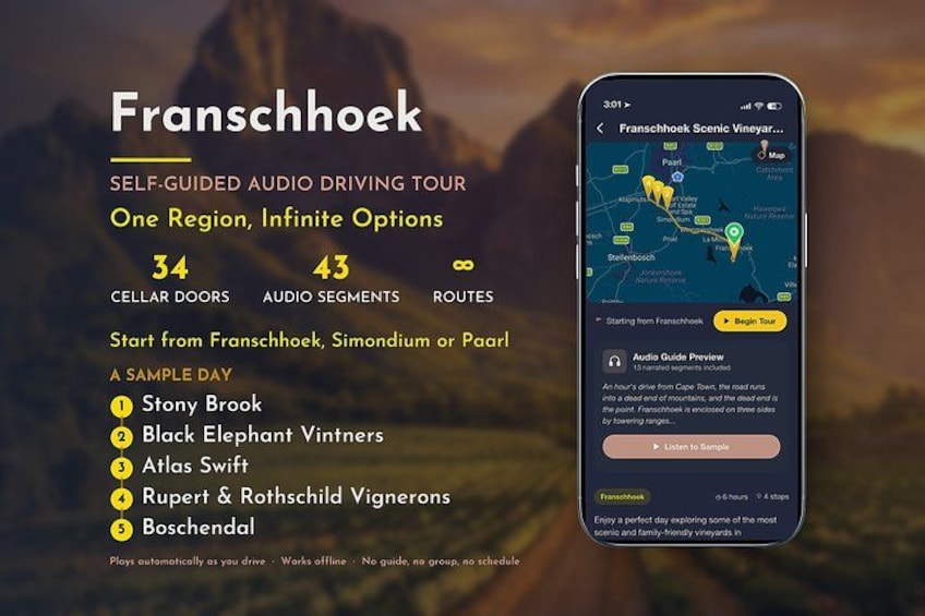 A smartphone displaying a self-guided audio driving tour app for Franschhoek with a scenic route map. 1