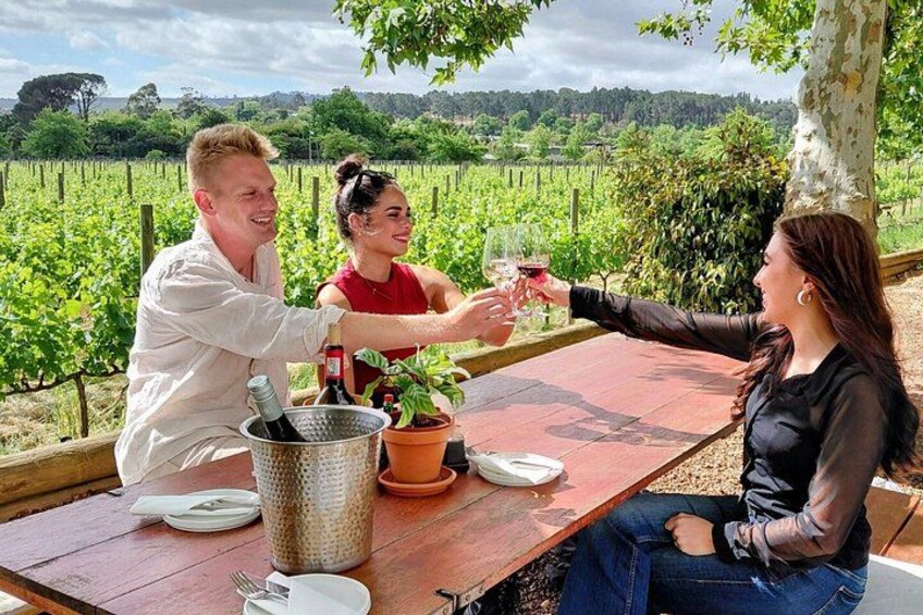 Three people toasting with wine glasses at a wooden table in a vineyard. 5