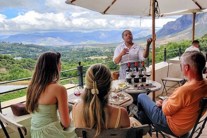 A group of people dining outdoors with a scenic view of mountains and greenery. 1