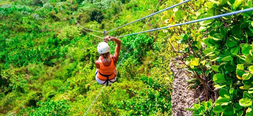 Eine Person saust mit einem Zip-Line durch einen üppigen, grünen Wald. 3