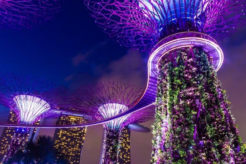 A night view of a cityscape with illuminated structures and a central tower with greenery. 2