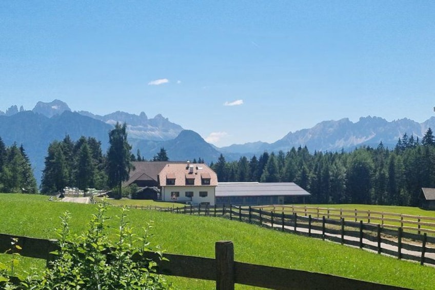 A rural landscape with a house, a fenced area, and mountains in the background. 4