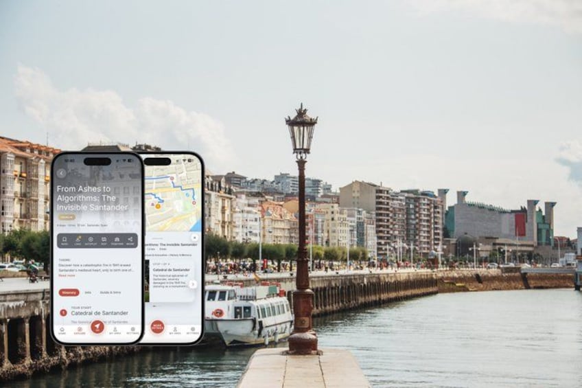 A smartphone displaying a map with a location marker, a boat on the water, and a cityscape with buildings in the background. 1