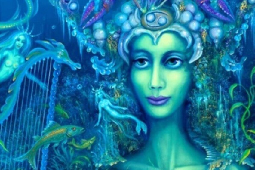 A mermaid with a blue and green color scheme, surrounded by aquatic creatures and a harp. 5
