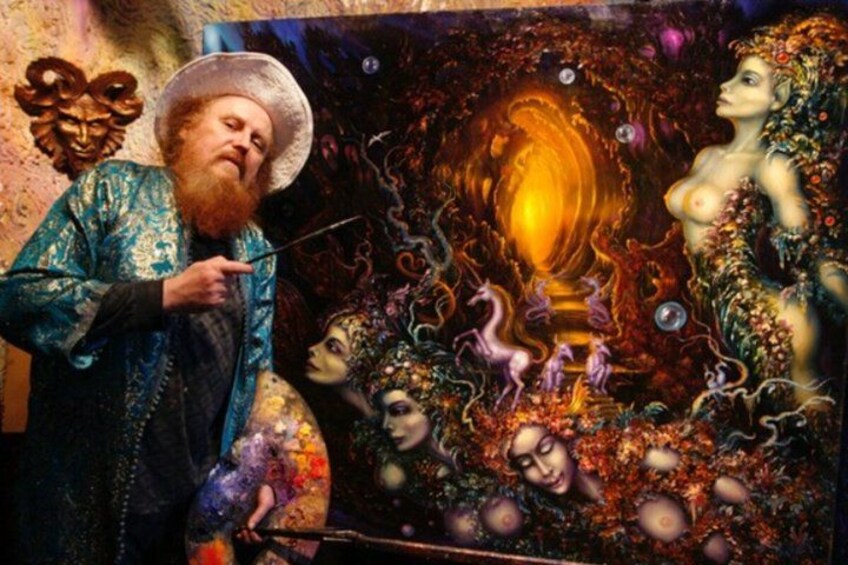 A person painting a surrealistic landscape with a central glowing portal, surrounded by fantastical creatures and floral elements. 1