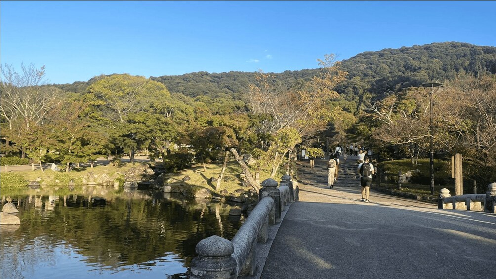 A stone bridge over a calm river, surrounded by trees and hills. 3