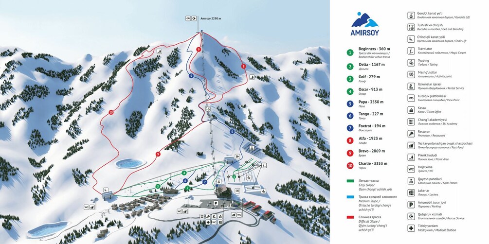 Un plan des pistes de ski indiquant les différentes pistes, les remontées mécaniques et les installations. 4