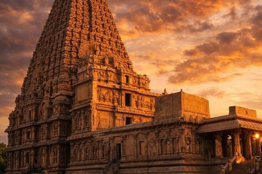 A temple with intricate carvings and a large pyramid-shaped structure. 4