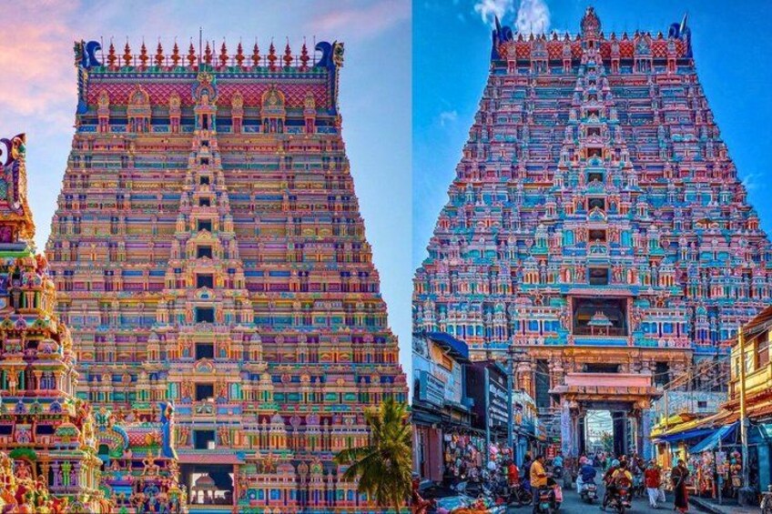 A temple with intricate architecture and a busy street in the foreground. 5
