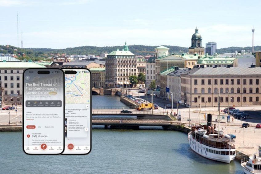A cityscape with a river, a boat, and a smartphone displaying a map and information about a cafe. 1
