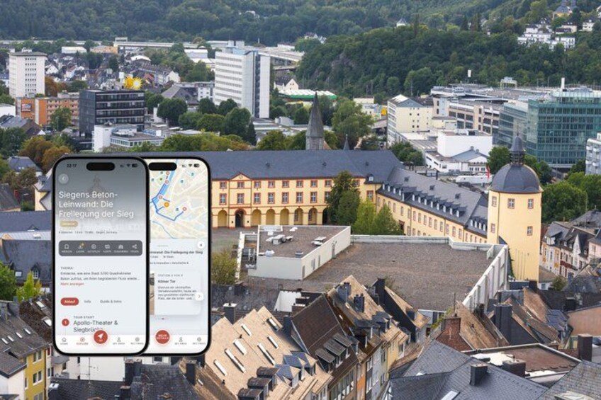 A smartphone displaying a map with a location marker, a historic building, and a cityscape in the background. 1