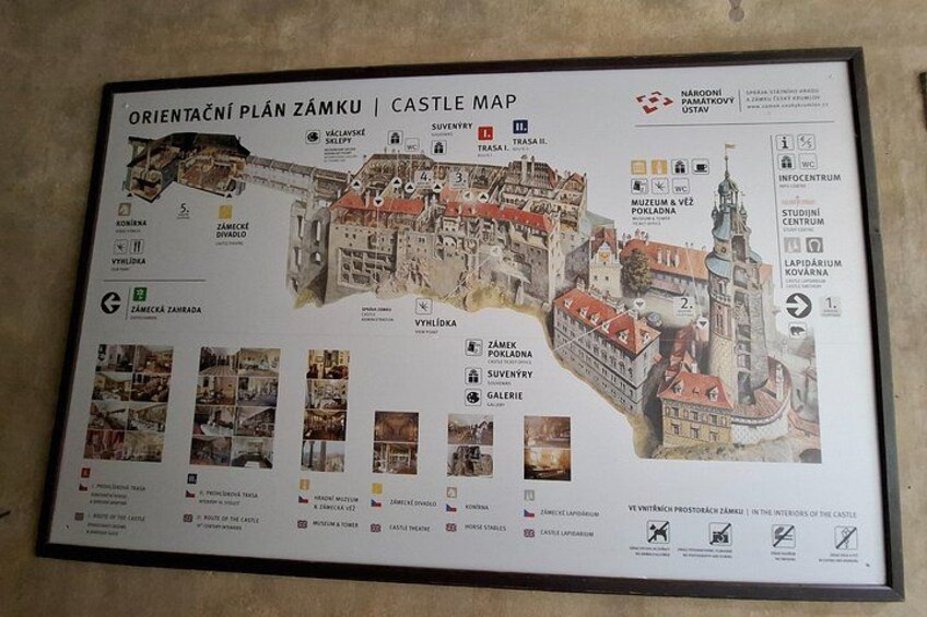 A detailed map of Zámek Zahrádka, highlighting key buildings and landmarks. 2