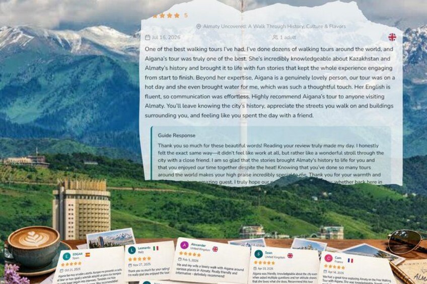 A scenic landscape with mountains, a building, and a table with cards and a cup. 2
