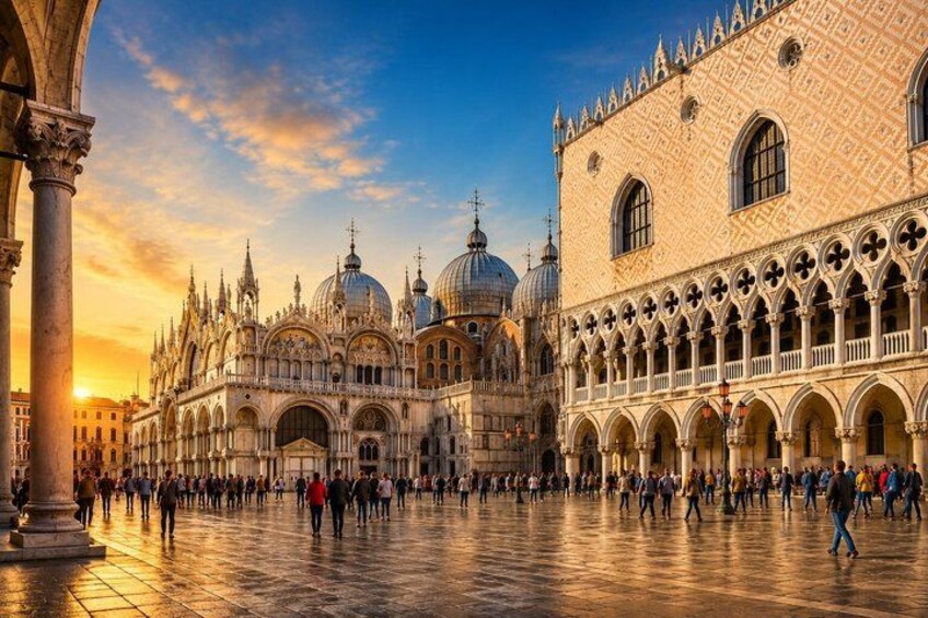 A historic building with ornate architecture and a large open plaza. 1