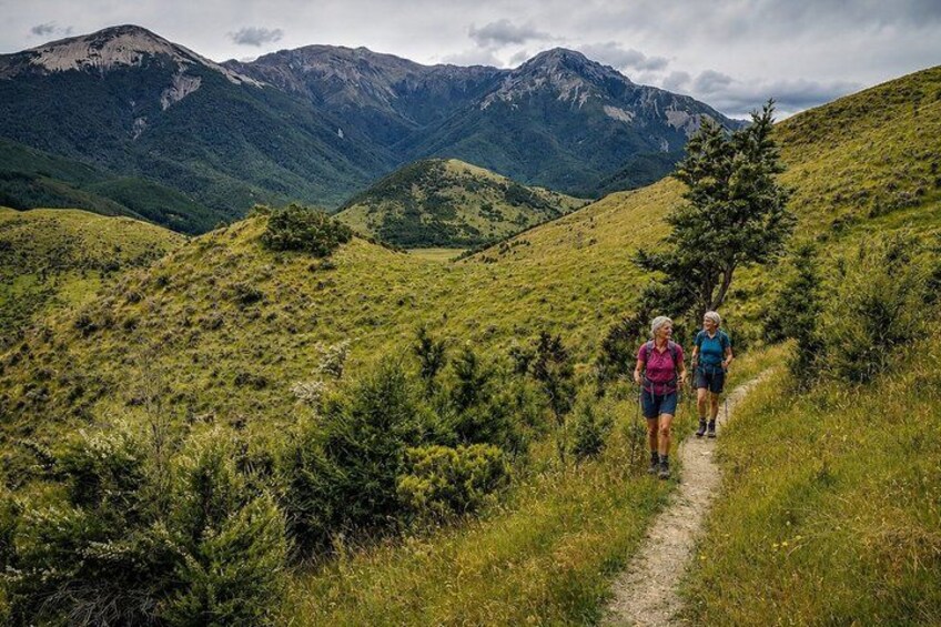 A hiking trail with two hikers, surrounded by green hills and mountains. 1