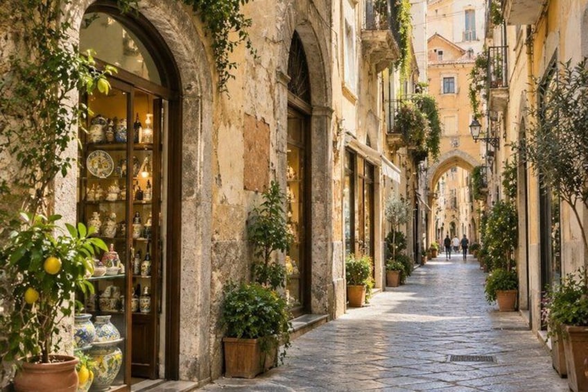 A narrow cobblestone street lined with buildings, potted plants, and a shop with glass doors. 1