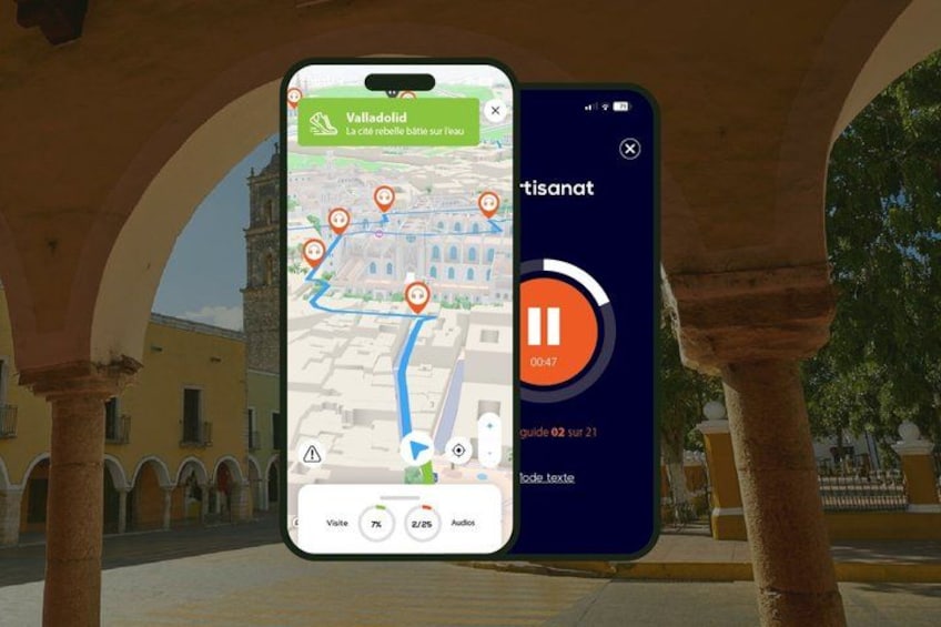 A smartphone displaying a map with a location marked as 'Valldolid' and a play button on a separate screen. 1