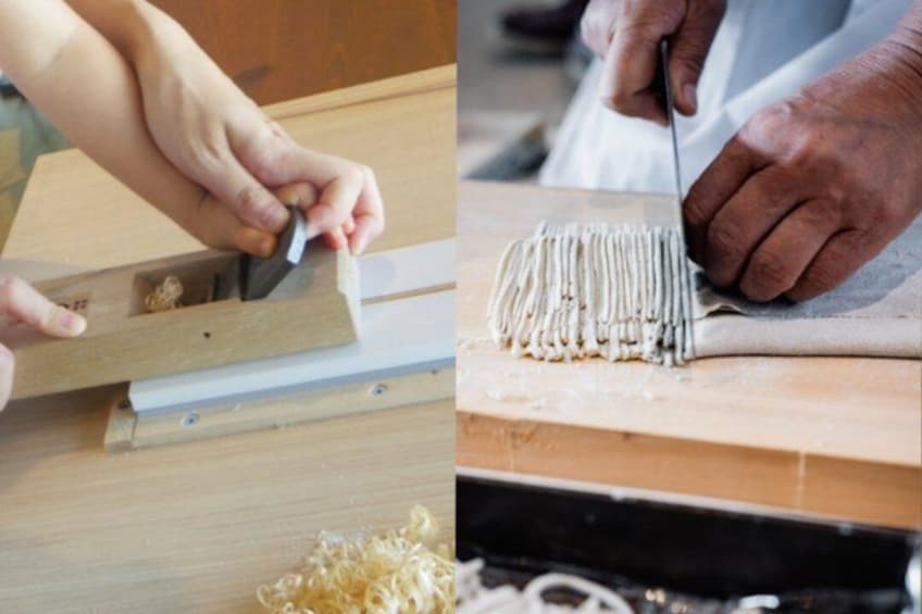 A person using a chisel on a wooden block and another person carving a piece of wood. 1