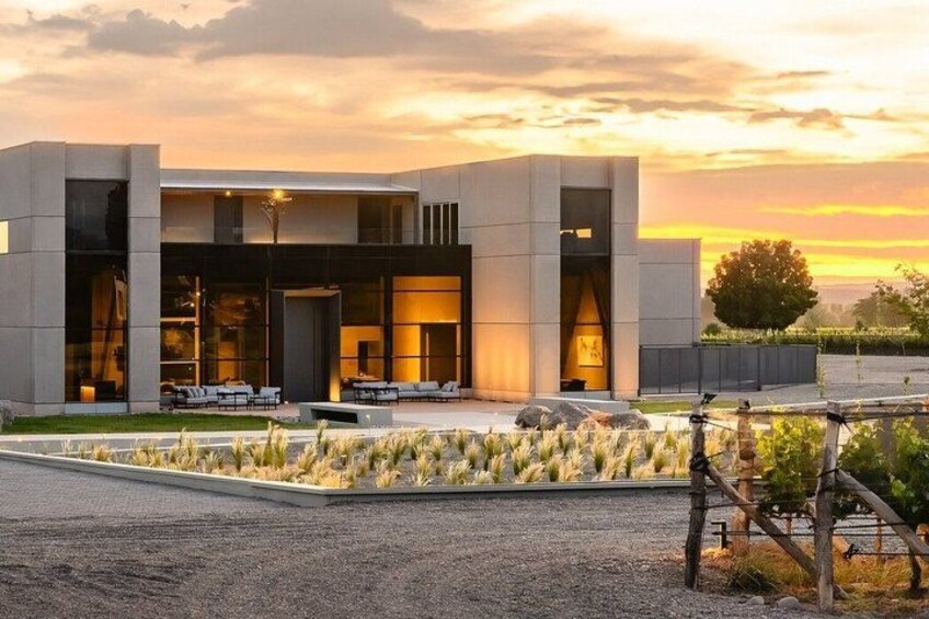 A modern building with a landscaped garden and a vineyard in the foreground. 3