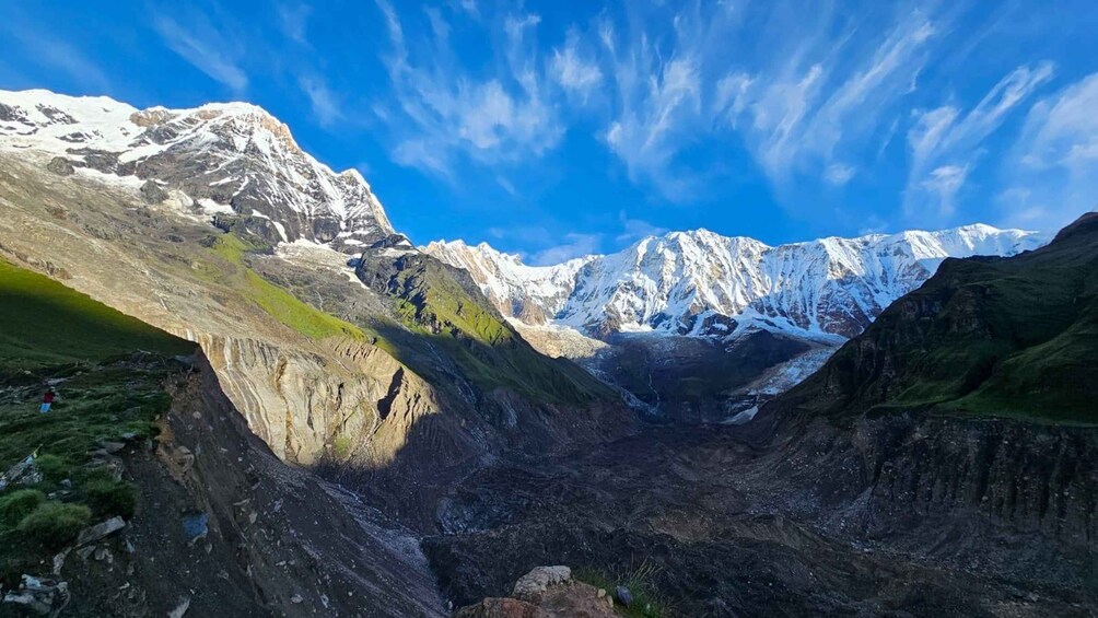 Une vallée de montagne aux sommets enneigés, sous un ciel bleu et dégagé. 3