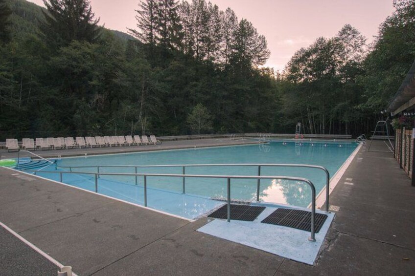 A swimming pool surrounded by trees, with a lifeguard stand and lounge chairs. 3