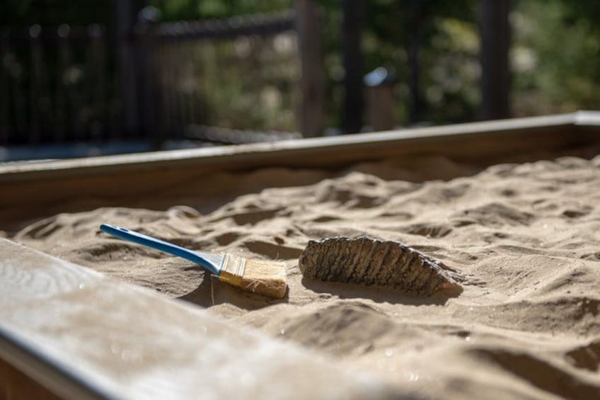 A wooden brush and a paintbrush on a sandy surface. 2
