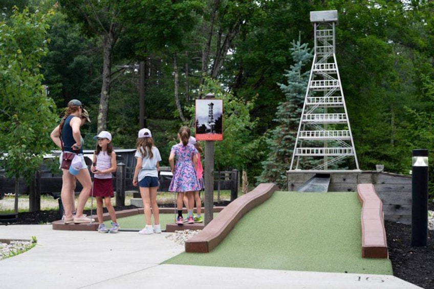 A miniature golf course with a green putting area, a metal tower structure, and a wooden fence. 5