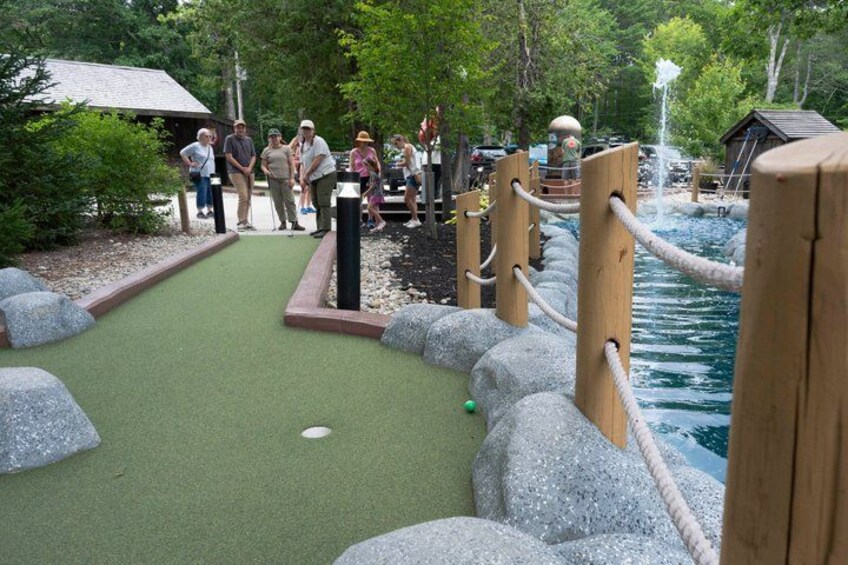 A miniature golf course with a green putting surface, wooden obstacles, and a water feature. 3