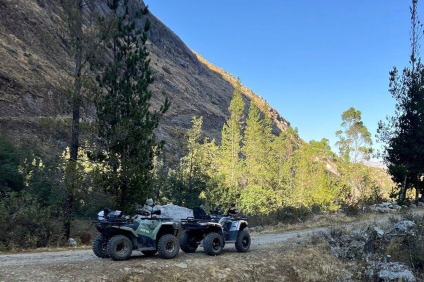 A quad bike on a dirt path with trees and a mountain in the background. 3