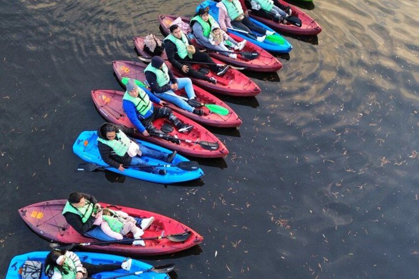 A group of people in kayaks lined up on a body of water. 5