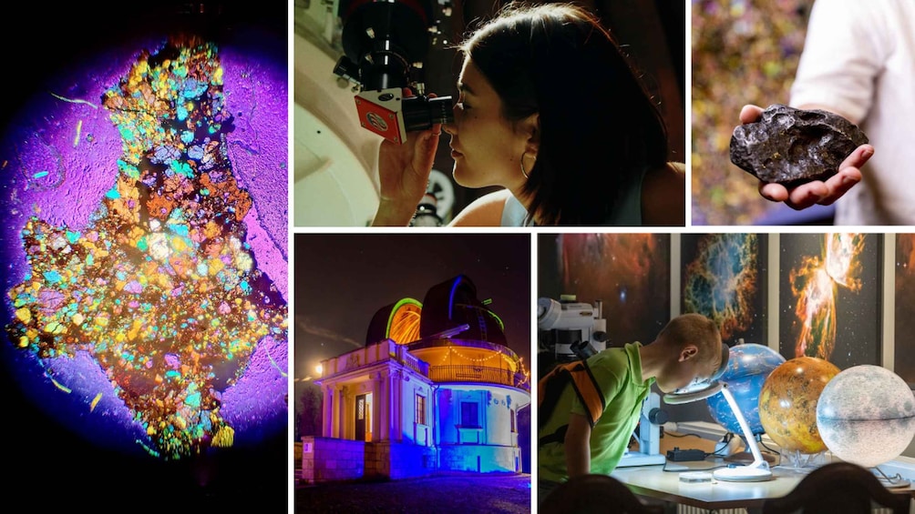 A colorful mineral specimen, a person using a telescope, a building with colorful lights, and a person examining planets. 2