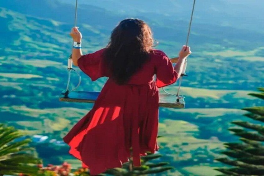 A person in a red dress swinging on a swing overlooking a mountainous landscape. 4