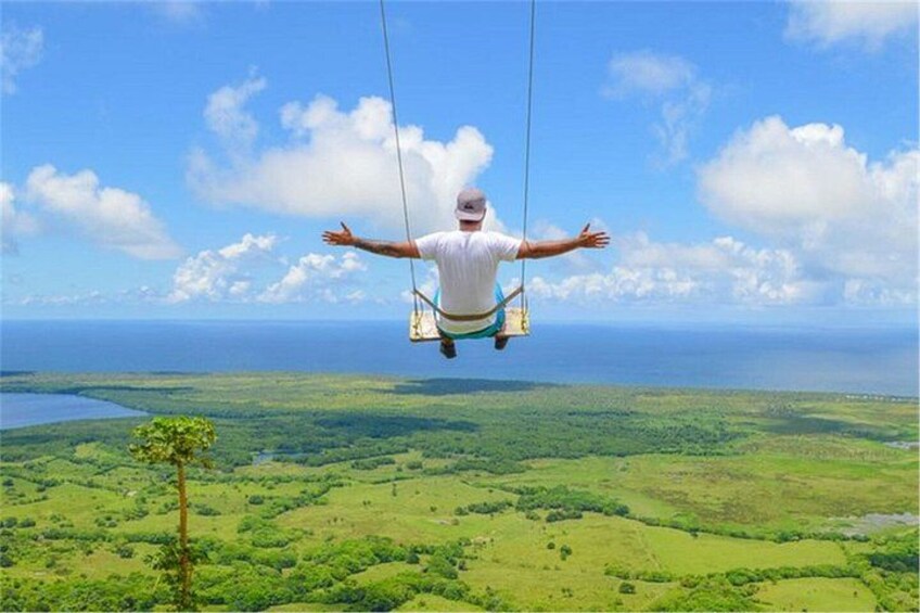 A person swinging on a swing over a vast landscape with a clear sky. 3