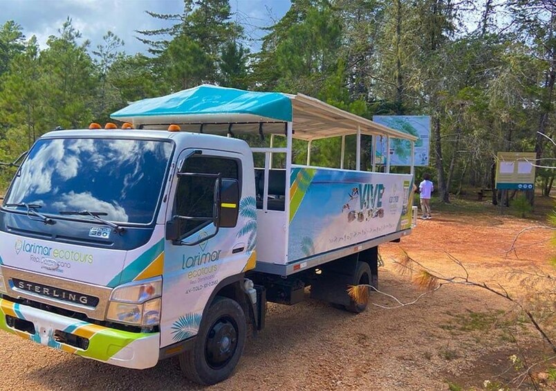 A white and blue van with a canopy, parked in a wooded area with trees and a dirt ground. 3