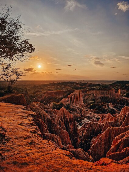 Un coucher de soleil sur un paysage accidenté, caractérisé par des formations rocheuses rouges distinctives et une végétation clairsemée. 4