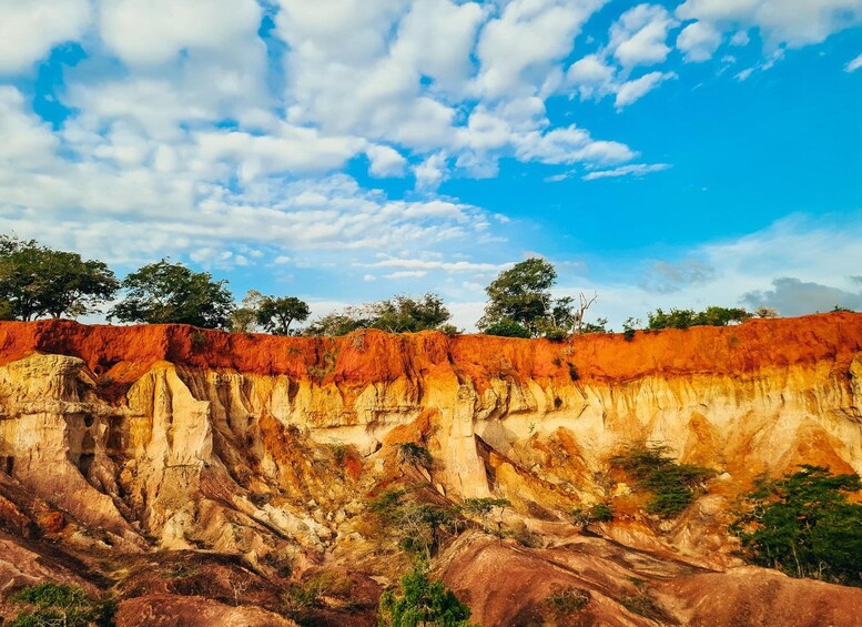 Un paysage accidenté, avec une falaise abrupte, une végétation clairsemée et un ciel bleu dégagé parsemé de quelques nuages. 5