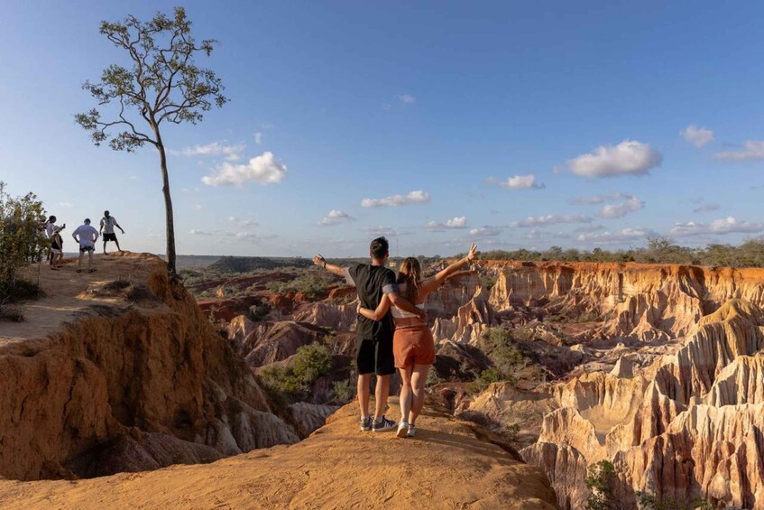 Un couple se tient sur un promontoire rocheux, surplombant un paysage de canyon accidenté, caractérisé par des formations rocheuses distinctives et une végétation clairsemée. 1