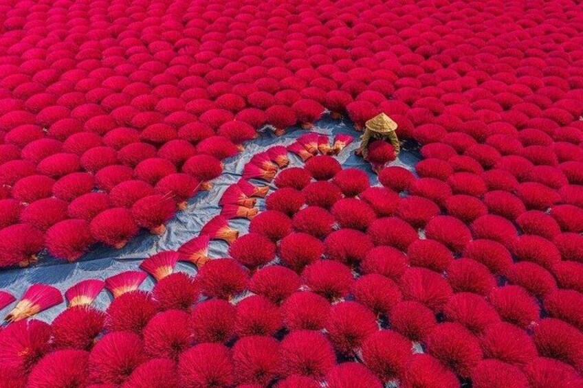 A field of red flowers with a person in traditional attire. 1