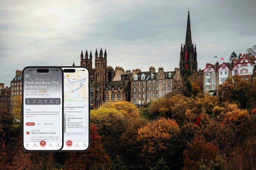 A smartphone displaying a map with a location marked 'Site of Tanner's Close' in a cityscape with historic buildings and autumn foliage. 1
