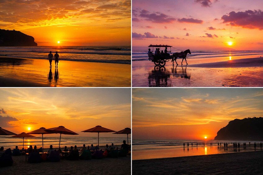 A beach at sunset with people walking and a horse-drawn carriage. 3