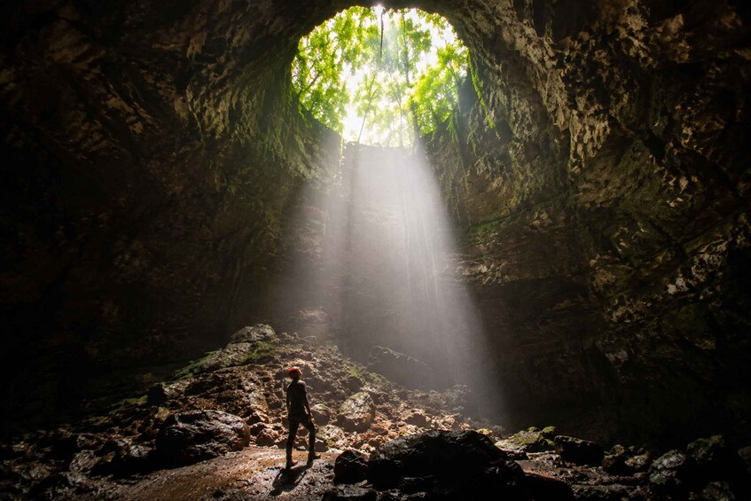 A person standing in a cave with sunlight streaming through an opening. 2