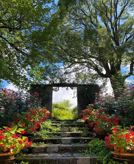A garden with a stone archway, red flowers, and a large tree. 3