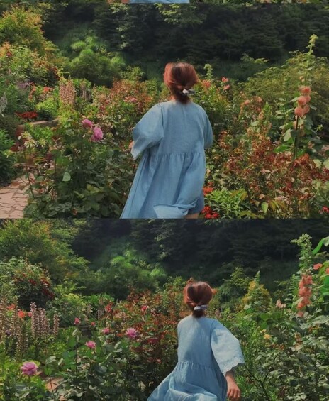 A person in a blue dress walking through a garden with various plants and flowers. 1