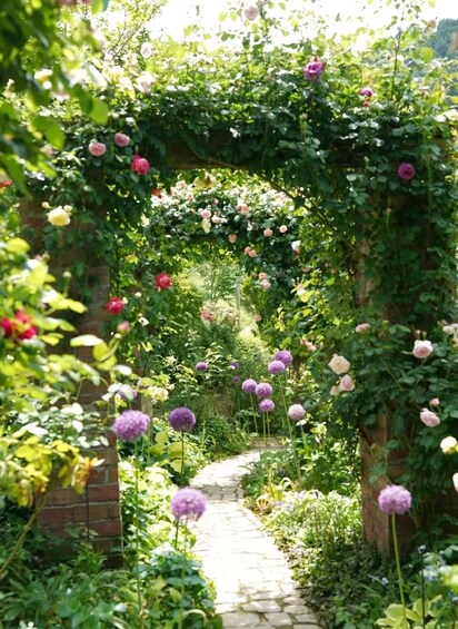 A garden pathway surrounded by lush greenery and blooming flowers. 5