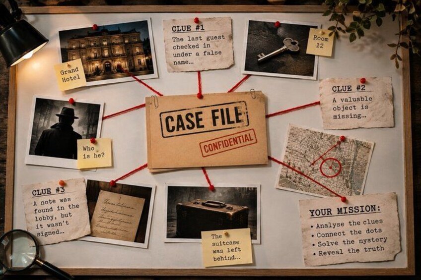 A case file board with clues and a mission. 3