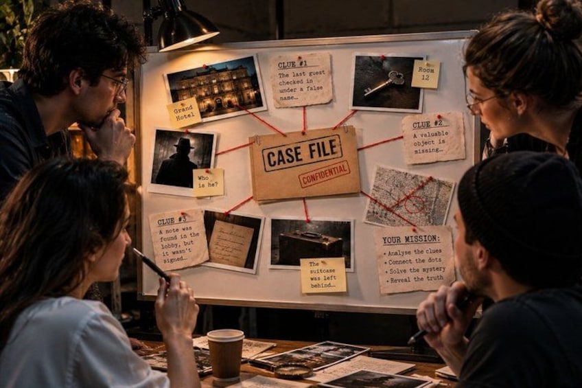 A group of people around a case file board with clues and a mission note. 1